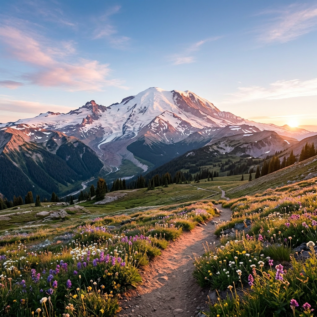 Dirt trail through colorful wildflowers leading to a snow-covered mountain with sunset light